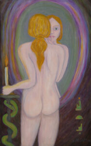 This is the portal of integration. The environment is a quiet, cool, and protective chthonic vault that smells deeply of ancient minerals, damp stone, and fertile, resting earth. The primary illumination for the entire space radiates from a singular, steady candle flame held aloft by a tall, strong blonde woman whose heavy golden hair is caught loosely at the nape of her neck, cascading down her back in smooth, linear tracks. She rests her light upon a shallow, twisting marble column carved into serpentine grooves. Winding comfortably around this stone architecture is a vibrant green serpent, its scales cool and supple, its face relaxed into a serene, slightly sly smile—a silent, surrealist joke shared only between the creature and the evolving sorceress, who commands the room through alignment. The woman stands with absolute, unshakable balanced refinement, her posture a pillar of quiet personal sovereignty as she gazes into a massive oval mirror. The frame is a surreal, organic construction of rushing purple and violet strokes that hum with a subtle, multi-dimensional vibratory energy. The glass surface holds a soft, matte grey-green texture, reflecting her face back to the room, and the viewer, with one steel-sharp eye fixing the observer in a clear gaze of mutual understanding. Her lips are painted a soft pink, and she holds one long finger to them in a universal gesture of sacred silence, guarding the integrated hermetic secrets of the mystery schools, as seen in images from ancient Greece and Rome to the Italian Renaissance. On the right side of the canvas, the ancient riddles are laid bare: the sacred name of the matrix goddess, ISIS, is spelled out in thick, gleaming strokes of metallic gold Egyptian hieroglyphs. Directly beneath this golden text, written in the vibrant violet of the portal, against the dark earthen shadow of the floorboards, rests the proud, elegant signature of the artist: Ashtoreth.