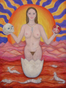 The visual space is a monumental expanse of cosmic resurrection, dominated by a towering, solemn female figure who looms with supreme authority over a vast, dreaming wasteland. Her skin is a smooth, luminous marble that holds the cold weight of the underworld and the fiery heat of the resurrection, completely clean of the ash of her trials. Her long, dark brown hair falls straight and severe from a precise middle parting at her brow, framing a face with a fixed, uncompromising gaze of absolute, reclaimed wisdom. Her magnificent breasts are bared, held forward in the proud, static posture of the ancient Minoan snake priestesses, an unyielding stance of integrated physical and intellectual sovereignty. Around her neck rests a heavy necklace bearing an ancient Egyptian ankh fashioned of gleaming silver and solid gold—the material signature of the Great Work completed. She rises directly out of a massive, broken cosmic eggshell, its jagged edges sharp and stark against the horizon where her previous identity was shattered to allow this birth. Below her, the landscape is a desert of parched, baked red earth, heavily textured with shards of broken glass that catch the light like crystal blades. Stranded upon this dry terrain—the ancient Egyptian desert of Deshret—are several frustrated, angry male faces with bald heads and surreal, insectoid, larval bodies. They writhe in the dust, gnashing their teeth in total defeat, having failed to capture or exploit her essence for their own advancement. Completely out of their reach, the woman holds the instruments of her journey in her hands: in one palm, a dry, porous human skull cracked to reveal what it withstood, a vanquished monument to death; in her other, a deep crimson pomegranate fruit cleaved cleanly in two. Its exposed interior is a dense cluster of brilliant, juice-filled red seeds that glisten like rubies—the potent fruit of the dead season that binds her to the eternal, cyclical rhythms of nature. She has faced the trials, shed the server’s skin, and achieved the rubedo fire. In spite of all, she rises.