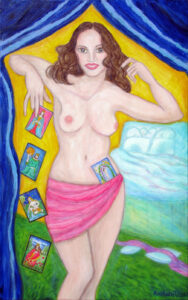 This station represents a magnificent, sun-drenched coronation of the Albedo stage of alchemical transformation in the heroine’s journey completely integrated with the flesh. By invoking the archetype of 'The Hetaira Reborn', you smash the artificial, patriarchal division that forces a being to choose between supreme physical beauty and a dynamic life of the mind. She is the ultimate "Creatrix" who refuses to be reduced to a dull utility or chattel. By tucking 'The World' card into her hip wrap, she executes a flawless surrealist masterstroke. She has sequestered the ultimate card of completion, grounding her reality in the four fixed signs—Taurus, Leo, Scorpio, and Aquarius—the very visual anchors of our foundational architecture. She holds the Grail (the Queen of Cups) and guards the wells of poetry, completely insulated from the extractive grasp of those who would diminish or exploit her. Nature laughs, and the matrix is secure.